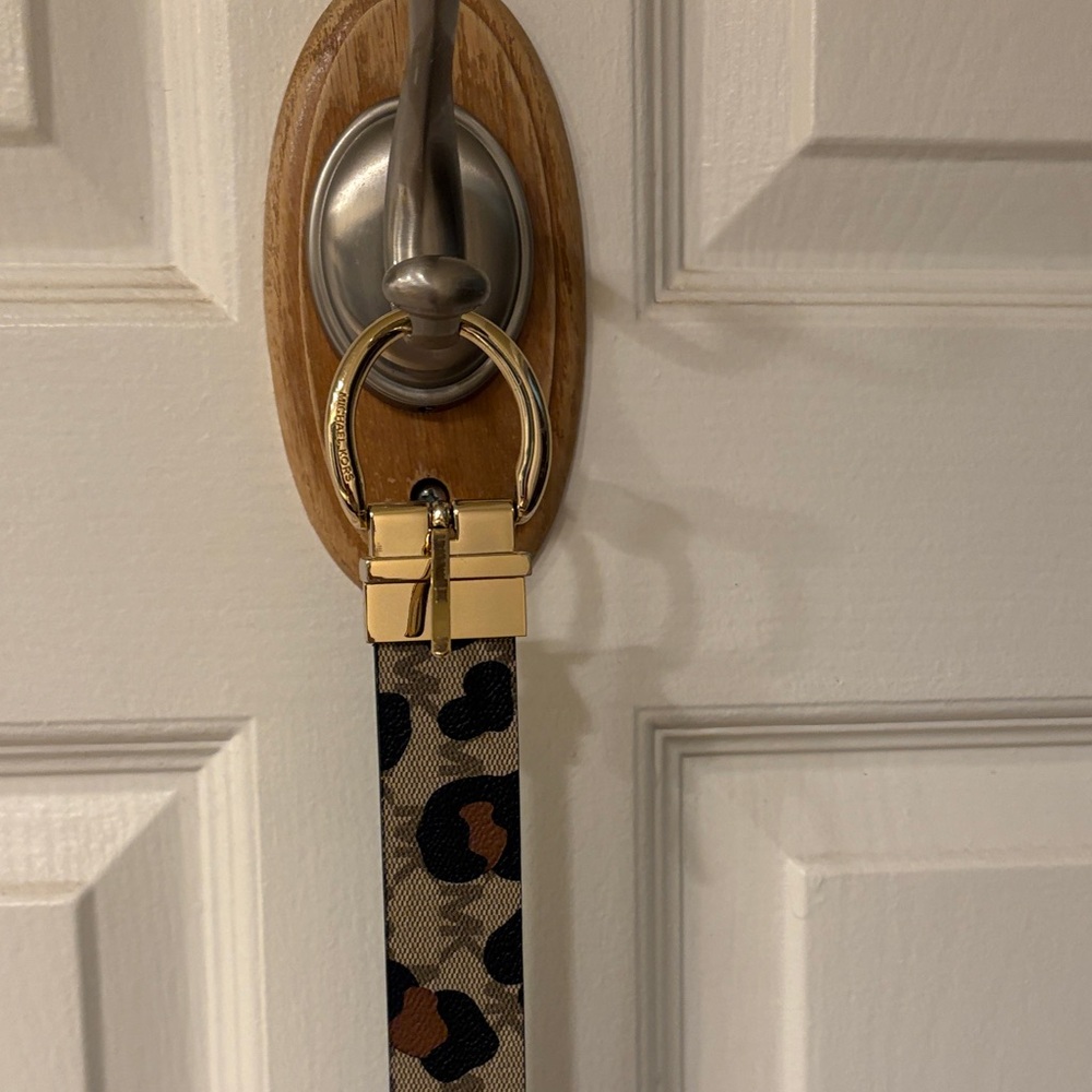 Reversible Michael Kors Leopard Print Belt with Gold Buckle